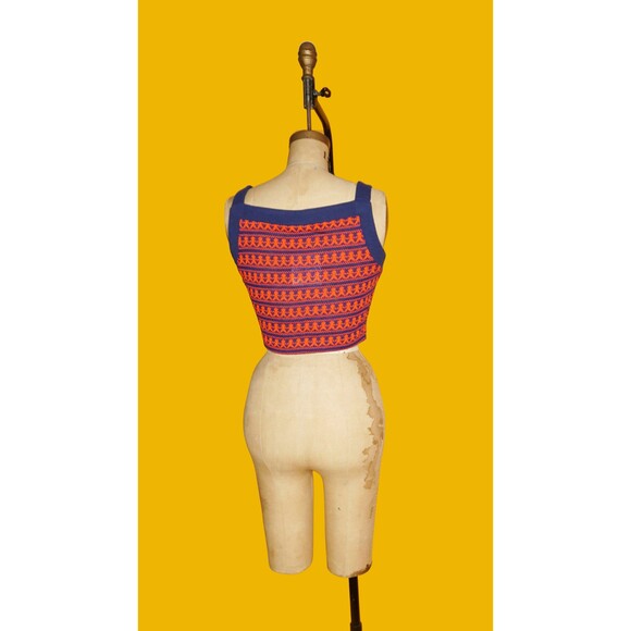 1960s-1970s LANZ People Print Crop Top NOVELTY KISTCH Blue & Red Blouse. XS - Picture 5 of 10